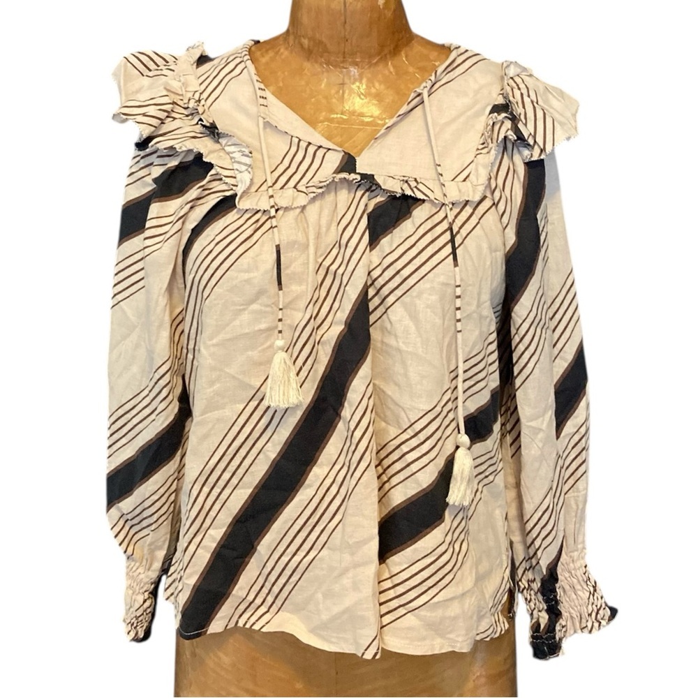 Long Sleeved Ruffle Top‎ | Black & Cream Striped Blouse Karlie 100% Cotton